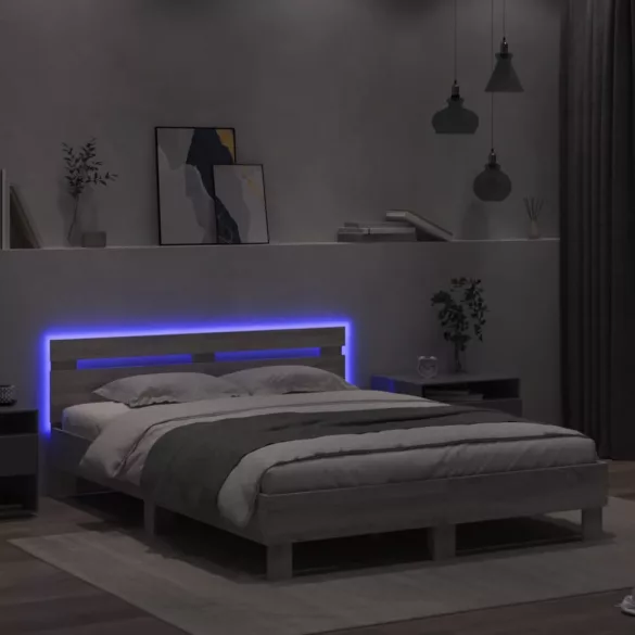 szürke sonoma színű ágykeret fejtámlával és LED-del 150x200 cm