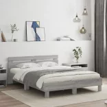 szürke sonoma színű ágykeret fejtámlával és LED-del 140x200 cm