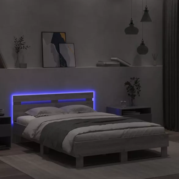 szürke sonoma színű ágykeret fejtámlával és LED-del 120x200 cm