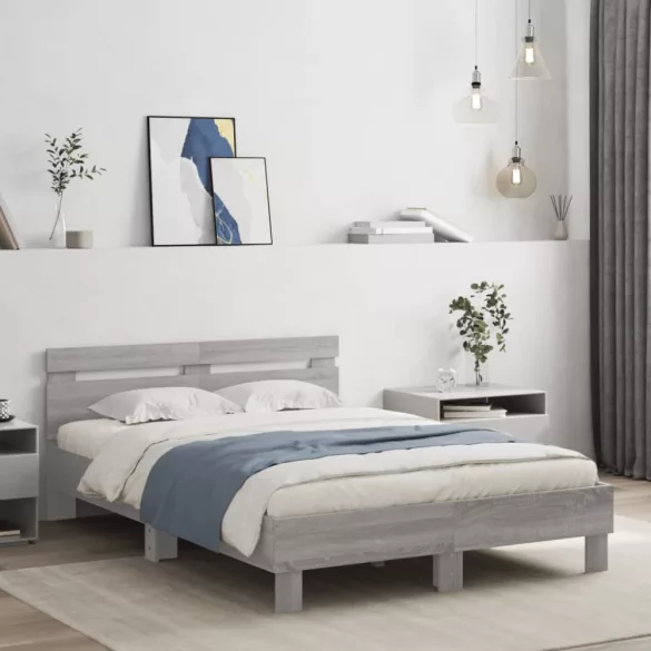 szürke sonoma színű ágykeret fejtámlával és LED-del 135x190 cm
