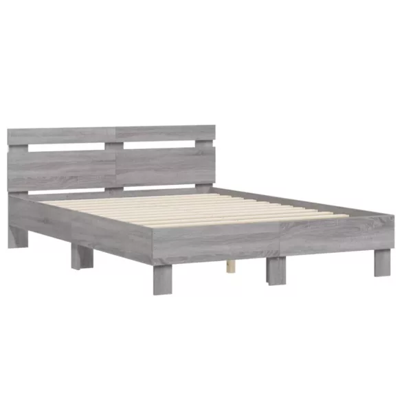 szürke sonoma színű ágykeret fejtámlával és LED-del 135x190 cm