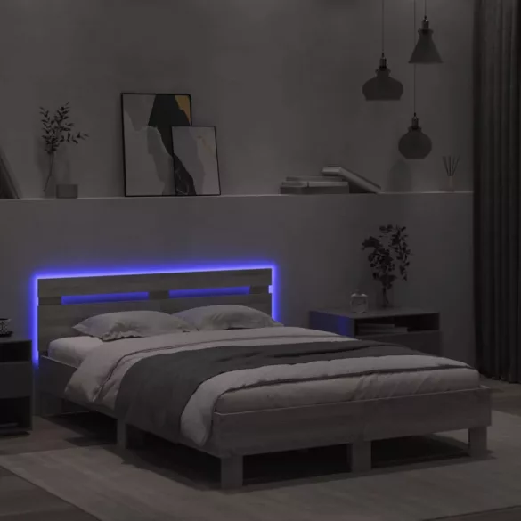 szürke sonoma színű ágykeret fejtámlával és LED-del 120x190 cm