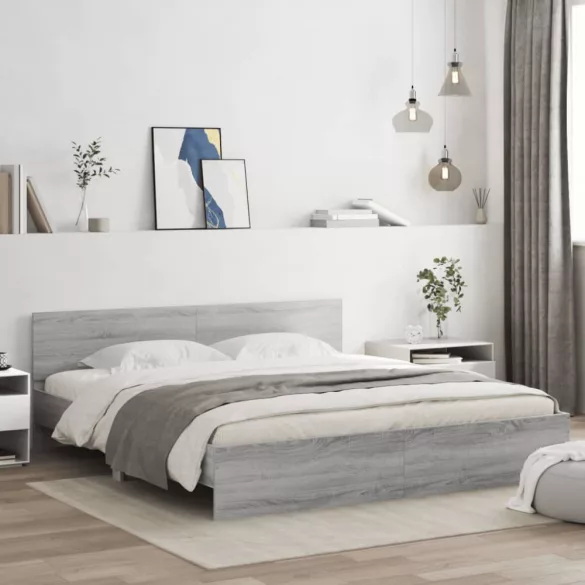 szürke sonoma színű ágykeret fejtámlával és LED-del 200x200 cm