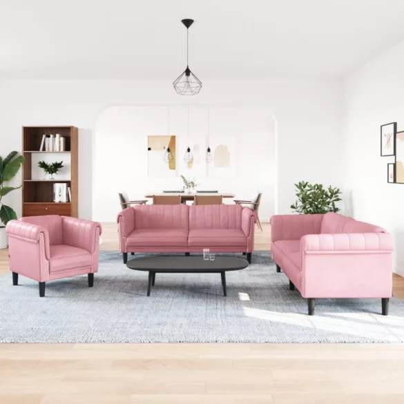3 részes rózsaszín bársony ülőgarnitúra