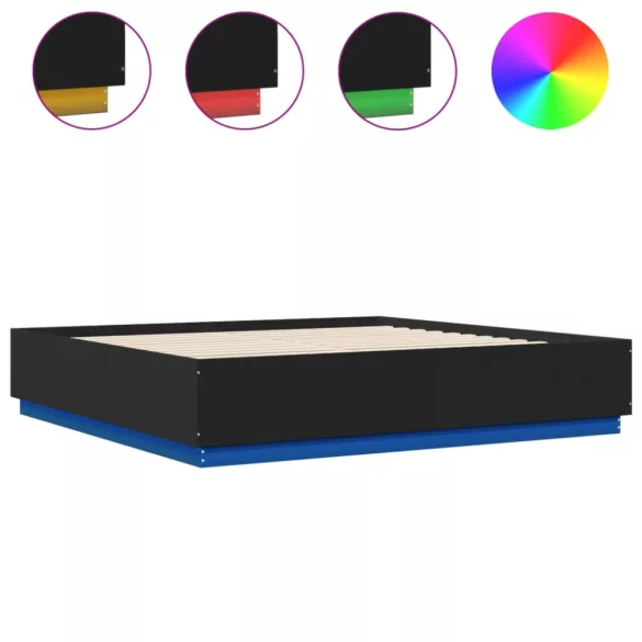 fekete szerelt fa ágykeret LED-világítással 200 x 200 cm