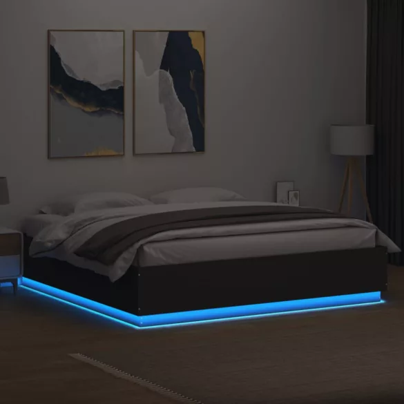 fekete szerelt fa ágykeret LED-világítással 200 x 200 cm
