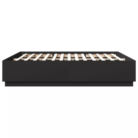 fekete szerelt fa ágykeret LED-világítással 200 x 200 cm
