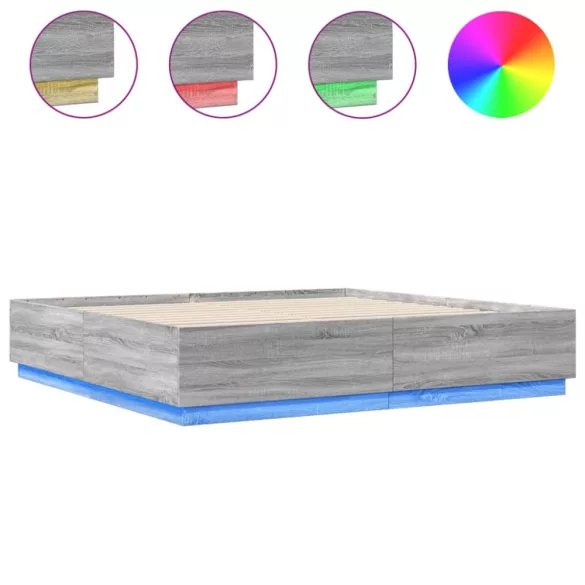 szürke sonoma színű szerelt fa ágykeret LED-del 200x200 cm