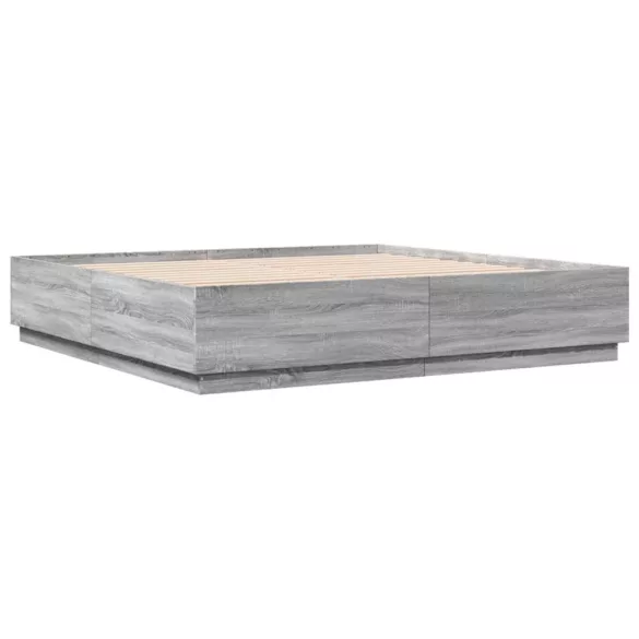 szürke sonoma színű szerelt fa ágykeret LED-del 200x200 cm