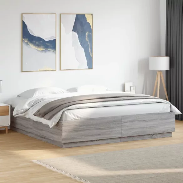 szürke sonoma színű szerelt fa ágykeret LED-del 200x200 cm