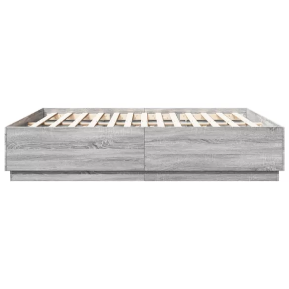 szürke sonoma színű szerelt fa ágykeret LED-del 200x200 cm
