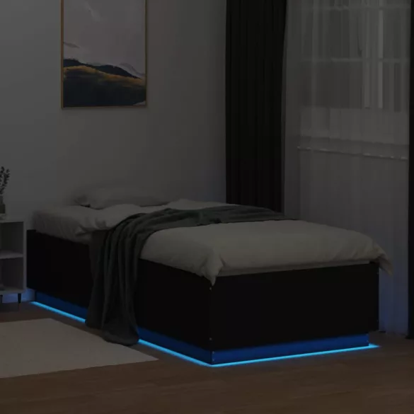 fekete szerelt fa ágykeret LED-világítással 100 x 200 cm