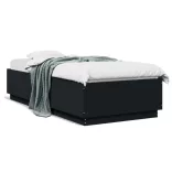 fekete szerelt fa ágykeret LED-világítással 90 x 200 cm