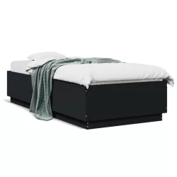 fekete szerelt fa ágykeret LED-világítással 90 x 200 cm