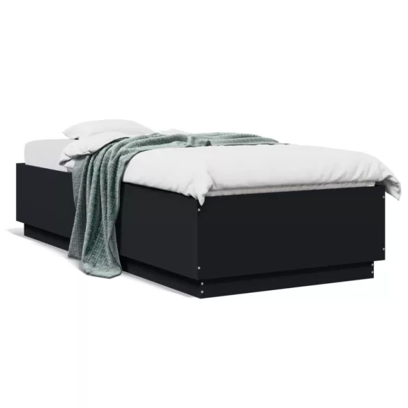 fekete szerelt fa ágykeret LED-világítással 90 x 200 cm