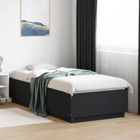 fekete szerelt fa ágykeret LED-világítással 90 x 200 cm