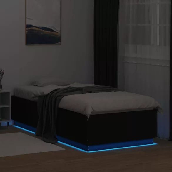 fekete szerelt fa ágykeret LED-világítással 90 x 200 cm