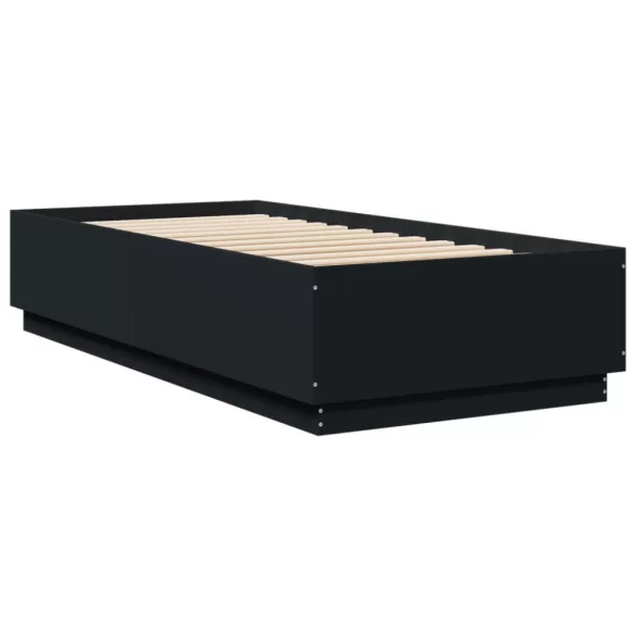 fekete szerelt fa ágykeret LED-világítással 90 x 200 cm