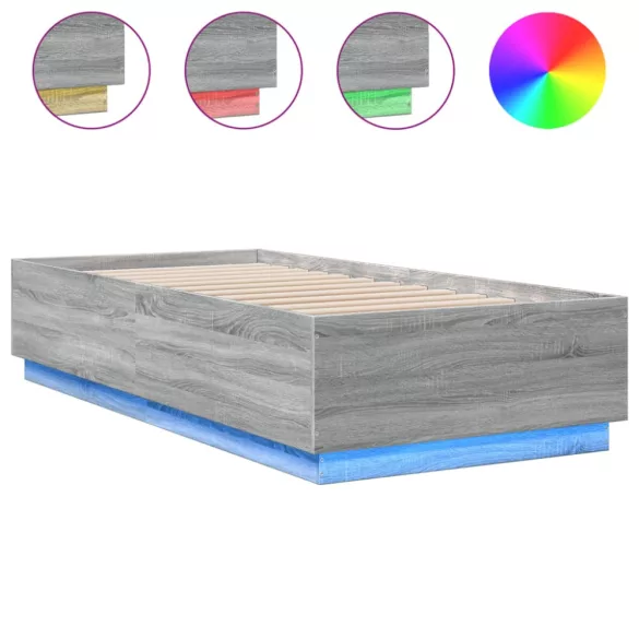 szürke sonoma színű szerelt fa ágykeret LED-del 90 x 200 cm