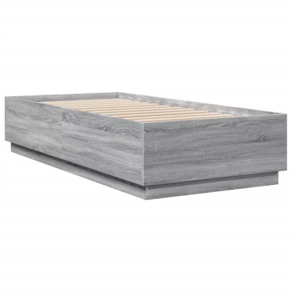 szürke sonoma színű szerelt fa ágykeret LED-del 90 x 200 cm