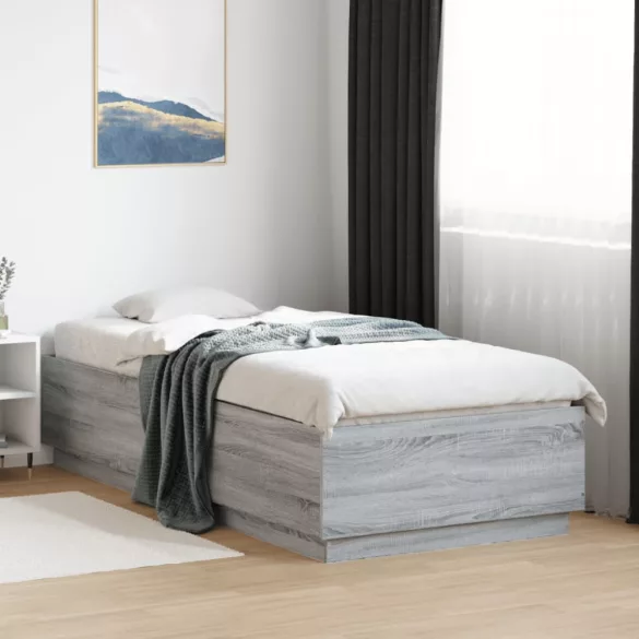 szürke sonoma színű szerelt fa ágykeret LED-del 90 x 200 cm