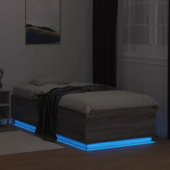 szürke sonoma színű szerelt fa ágykeret LED-del 90 x 200 cm