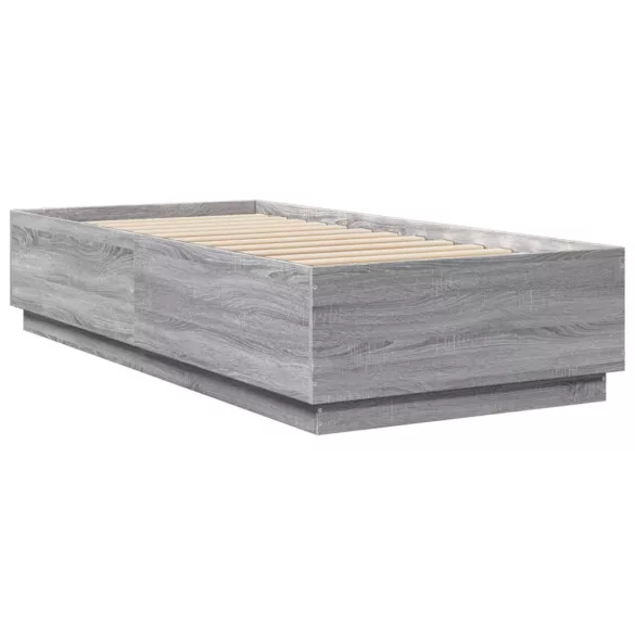 szürke sonoma színű szerelt fa ágykeret LED-del 90 x 200 cm