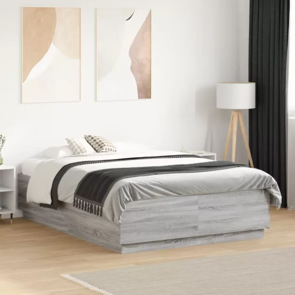 szürke sonoma színű szerelt fa ágykeret LED-del 135 x 190 cm