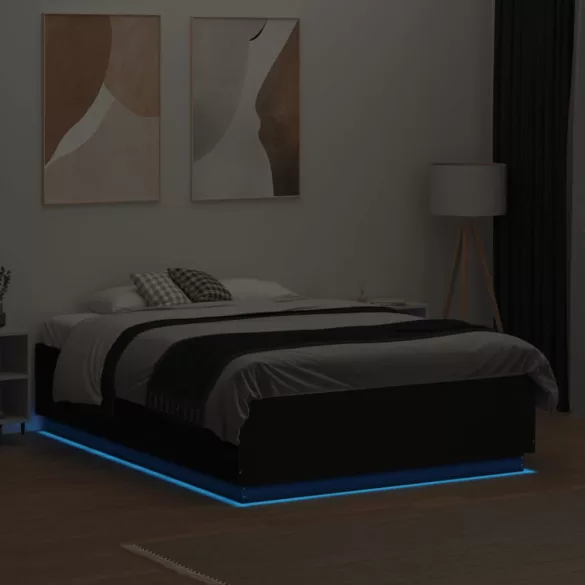 fekete szerelt fa ágykeret LED-del 120 x 190 cm