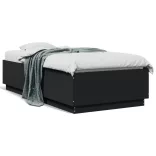 fekete szerelt fa ágykeret LED-világítással 90 x 190 cm
