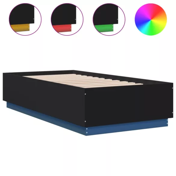 fekete szerelt fa ágykeret LED-világítással 90 x 190 cm
