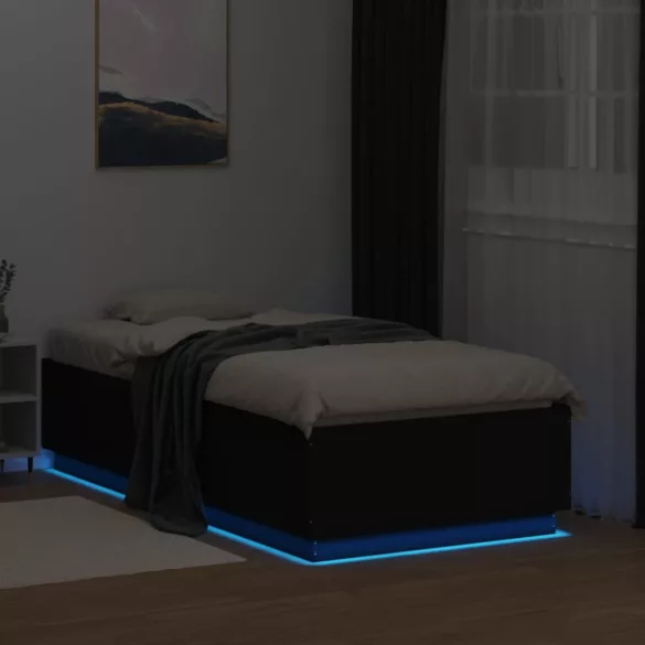 fekete szerelt fa ágykeret LED-világítással 90 x 190 cm