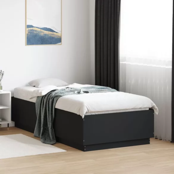 fekete szerelt fa ágykeret LED-világítással 90 x 190 cm