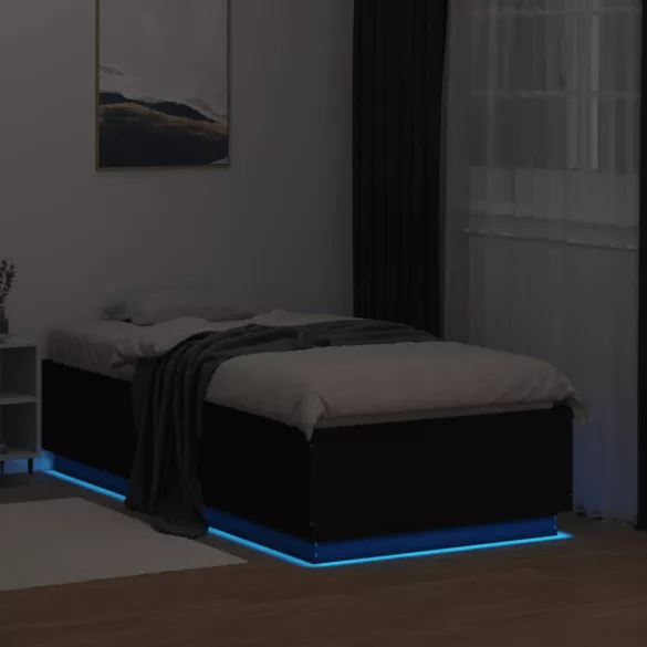 fekete szerelt fa ágykeret LED-del 75x190 cm