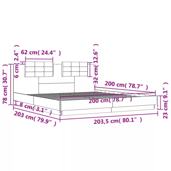 szürke sonoma színű szerelt fa ágykeret fejtámlával 200x200 cm