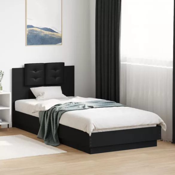 fekete szerelt fa ágykeret fejtámlával 90 x 200 cm