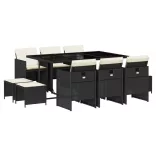 11 részes fekete polyrattan kerti étkezőgarnitúra párnákkal