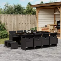   13 részes fekete polyrattan kerti ülőgarnitúra párnákkal