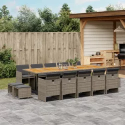   15 részes szürke polyrattan kerti étkezőgarnitúra párnákkal
