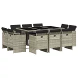 11 részes világosszürke polyrattan kerti ülőgarnitúra párnákkal