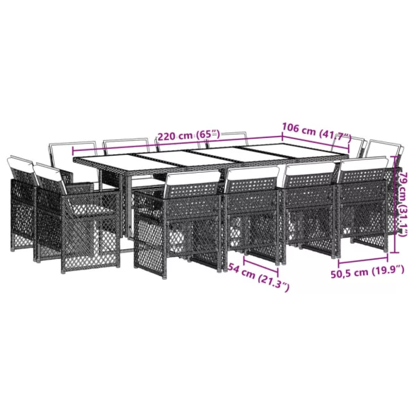 13 részes szürke polyrattan kerti étkezőgarnitúra párnákkal