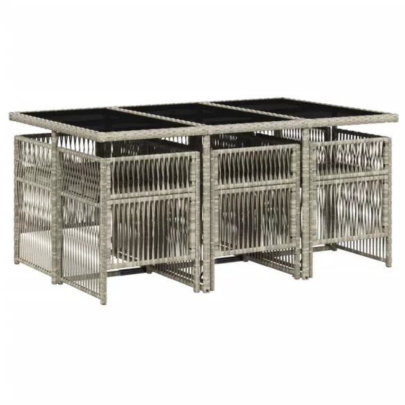 7 részes világosszürke polyrattan kerti étkezőszett párnával