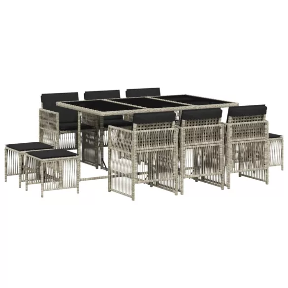 11 részes világosszürke polyrattan kerti ülőgarnitúra párnákkal
