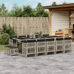   15 részes szürke polyrattan kerti étkezőgarnitúra párnákkal