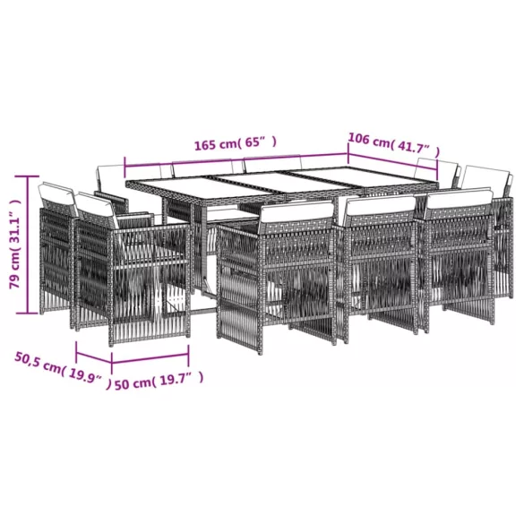 11 részes világosszürke polyrattan kerti ülőgarnitúra párnákkal