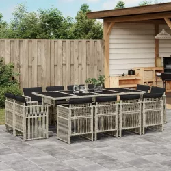   13 részes szürke polyrattan kerti étkezőgarnitúra párnákkal