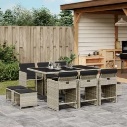   11 részes világosszürke polyrattan kerti ülőgarnitúra párnákkal
