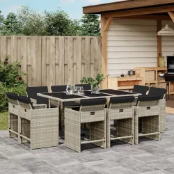   11 részes világosszürke polyrattan kerti ülőgarnitúra párnákkal