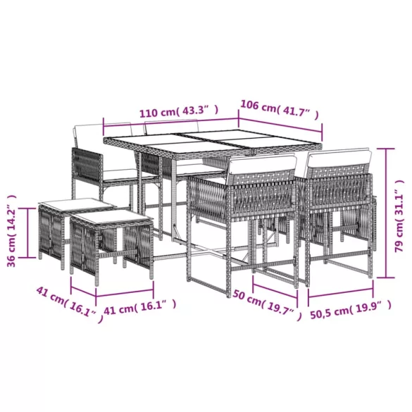 9 részes bézs polyrattan kerti étkezőgarnitúra párnákkal