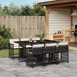   7 részes fekete polyrattan kerti étkezőgarnitúra párnával